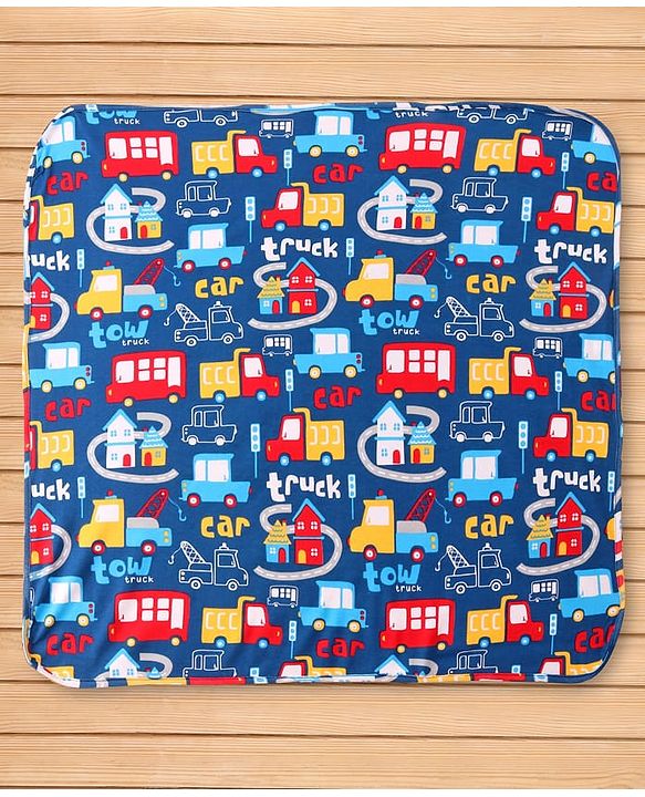 Babyhug Cotton Knit Hooded Wrapper with Vehicle Print L 76 x B 76 cm - Navy Blue