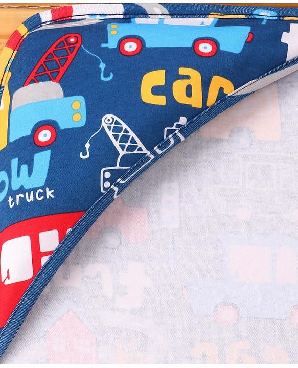 Babyhug Cotton Knit Hooded Wrapper with Vehicle Print L 76 x B 76 cm - Navy Blue