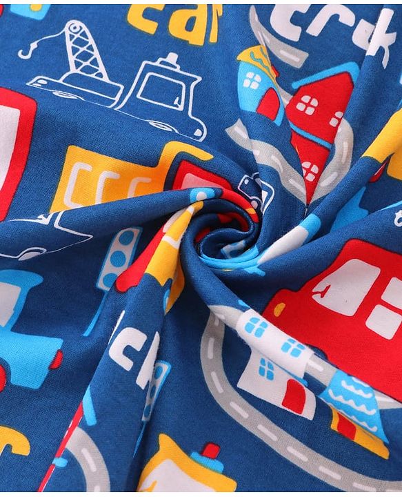 Babyhug Cotton Knit Hooded Wrapper with Vehicle Print L 76 x B 76 cm - Navy Blue