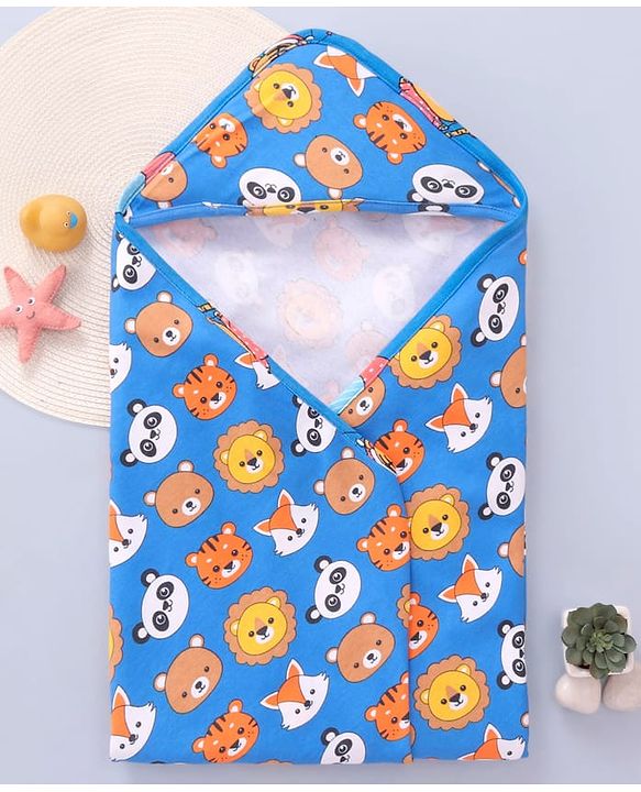 Babyhug Cotton Knit Hooded Wrapper with Animal Print L 76.2 x B 76.2 cm - Navy Blue
