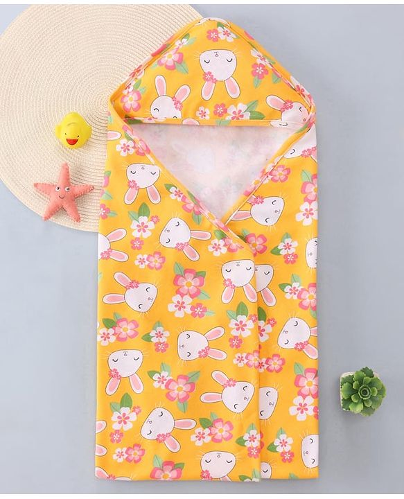 Babyhug Cotton Knit Hooded Wrapper with Bunny Print L 76 x B 76 cm - Yellow