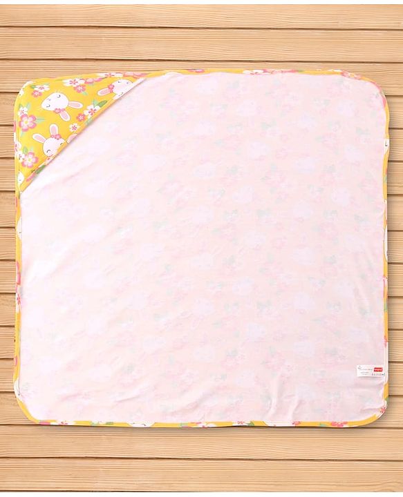 Babyhug Cotton Knit Hooded Wrapper with Bunny Print L 76 x B 76 cm - Yellow