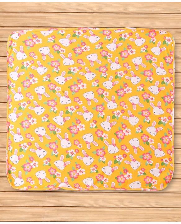 Babyhug Cotton Knit Hooded Wrapper with Bunny Print L 76 x B 76 cm - Yellow