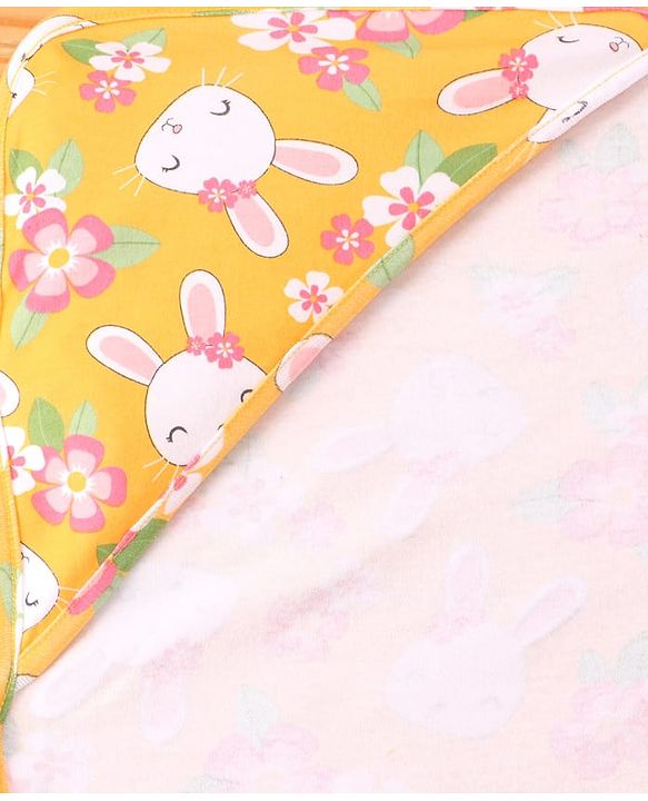 Babyhug Cotton Knit Hooded Wrapper with Bunny Print L 76 x B 76 cm - Yellow