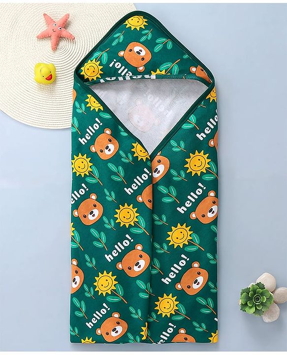 Babyhug Interlock Knit Hooded Towel With Animal Print L 30 x B 30 cm - Dark Green