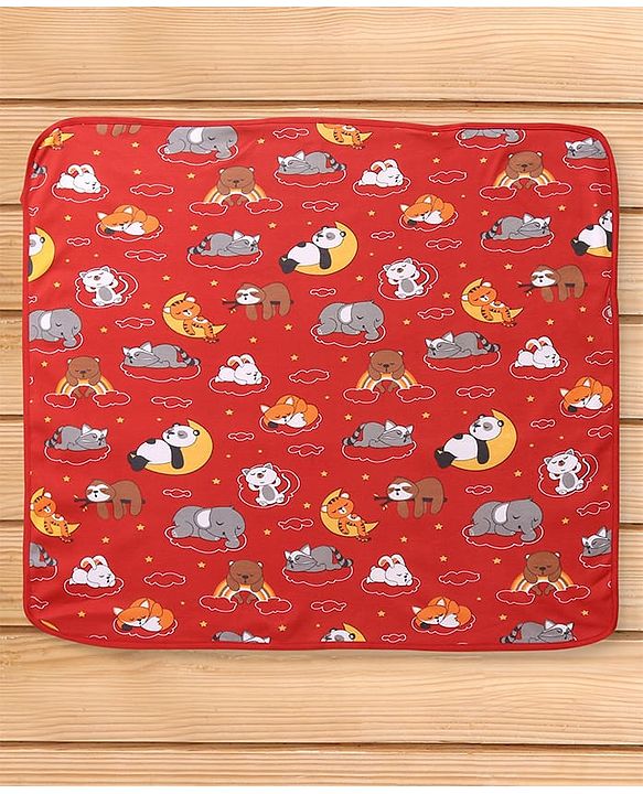 Babyhug Interlock Knit Hooded Towel With Animal Print L 30 x B 30 cm - Dark Red