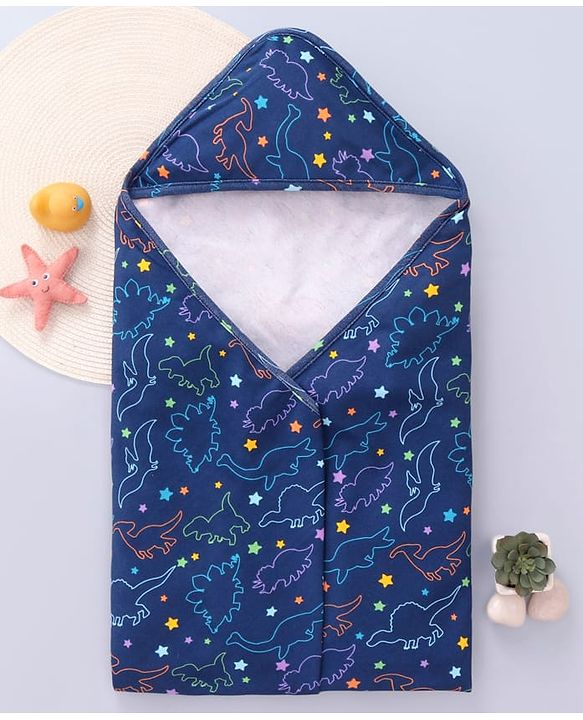 Babyhug Cotton Knit Hooded Wrapper with Dino Print L 76.2 x B 76.2 cm - Navy Blue