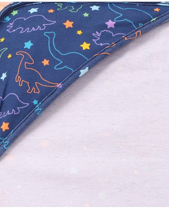 Babyhug Cotton Knit Hooded Wrapper with Dino Print L 76.2 x B 76.2 cm - Navy Blue