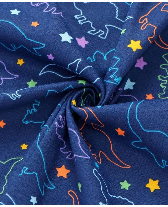 Babyhug Cotton Knit Hooded Wrapper with Dino Print L 76.2 x B 76.2 cm - Navy Blue