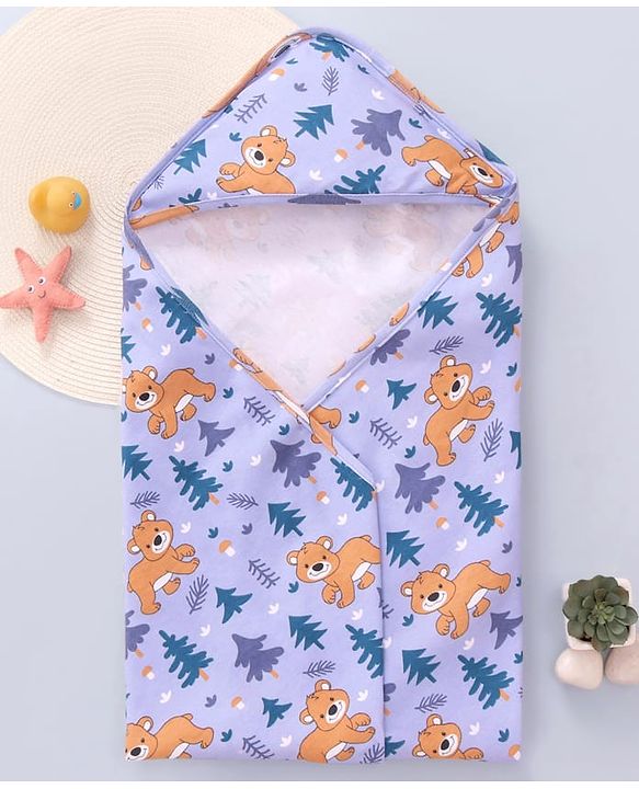 Babyhug Cotton Knit Hooded Wrapper with Bear Print L 76.2 x B 76.2 cm - Lavender