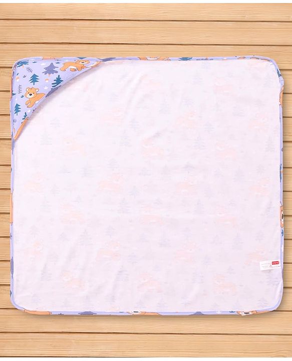 Babyhug Cotton Knit Hooded Wrapper with Bear Print L 76.2 x B 76.2 cm - Lavender