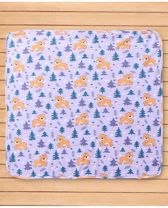 Babyhug Cotton Knit Hooded Wrapper with Bear Print L 76.2 x B 76.2 cm - Lavender