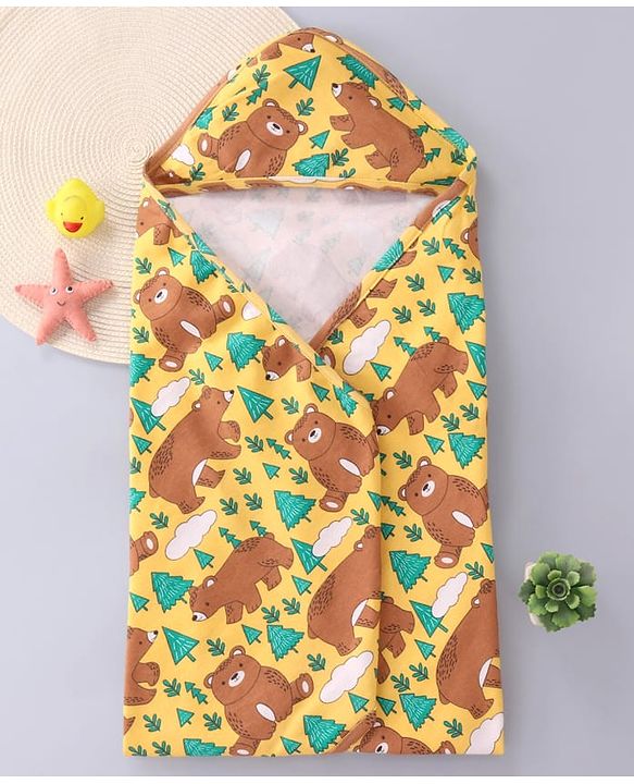 Babyhug Interlock Knit Bear Printed Hooded Wrapper - Yellow