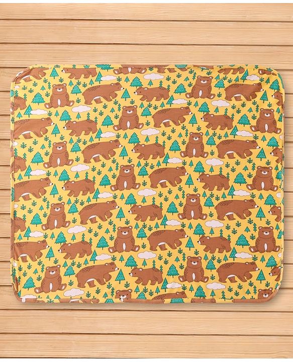Babyhug Interlock Knit Bear Printed Hooded Wrapper - Yellow