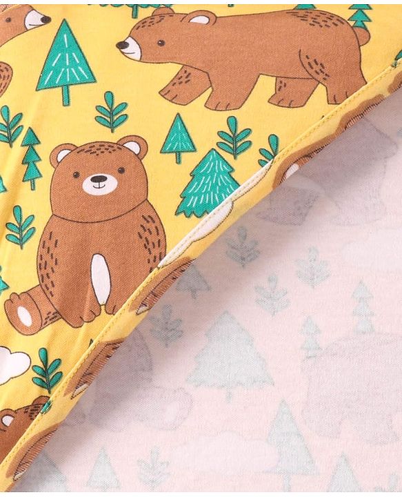 Babyhug Interlock Knit Bear Printed Hooded Wrapper - Yellow