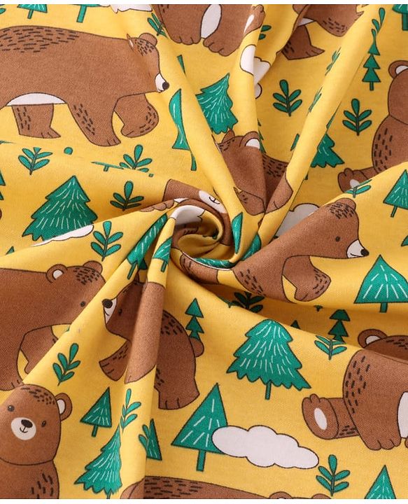 Babyhug Interlock Knit Bear Printed Hooded Wrapper - Yellow