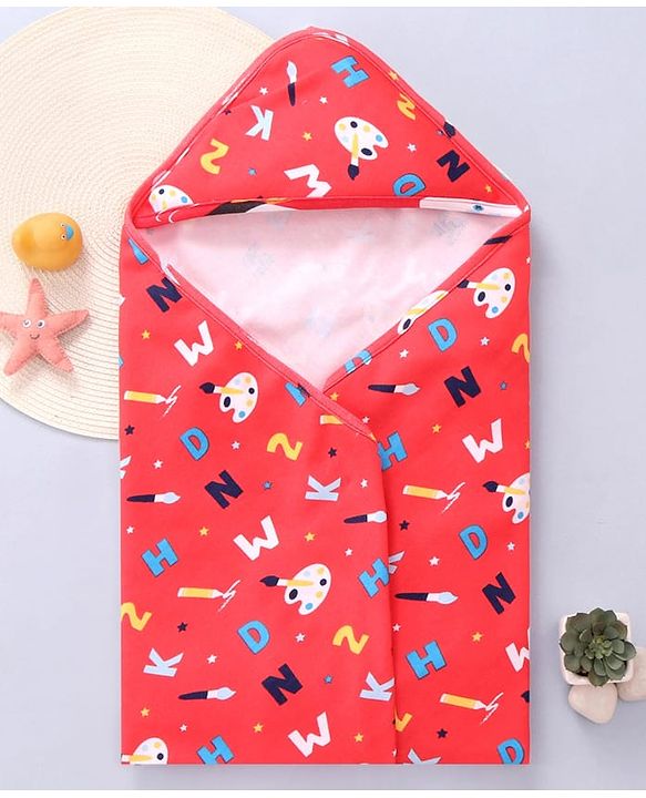 Babyhug Cotton Knit Hooded Wrapper with Alphabet Print L 76.2 x B 76.2 cm - Red