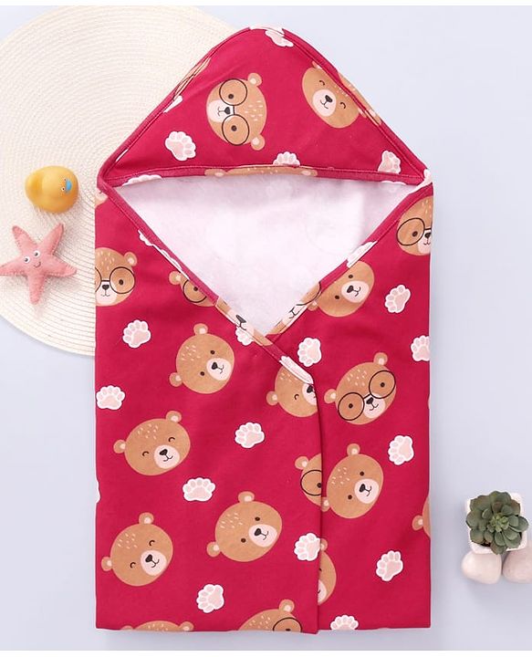 Babyhug Cotton Knit Hooded Wrapper with Bear Print L 76 x B 78 cm - Red