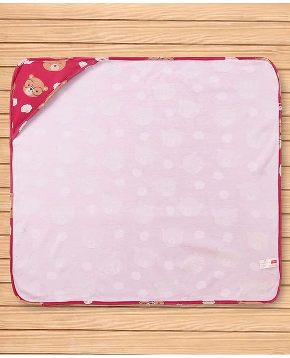Babyhug Cotton Knit Hooded Wrapper with Bear Print L 76 x B 78 cm - Red