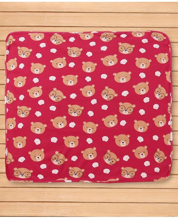 Babyhug Cotton Knit Hooded Wrapper with Bear Print L 76 x B 78 cm - Red