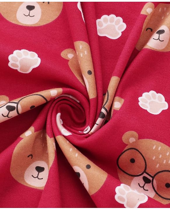 Babyhug Cotton Knit Hooded Wrapper with Bear Print L 76 x B 78 cm - Red