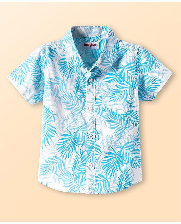 Babyhug Cotton Woven Half Sleeves  Shirt with Leaf Print - White
