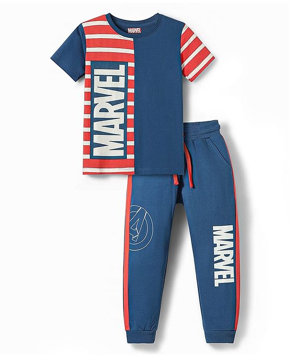 Pine Kids Marvel Single Jersey Knit Half Sleeves T-Shirt & Lounge Pant Set With Avengers Graphics - Navy Blue