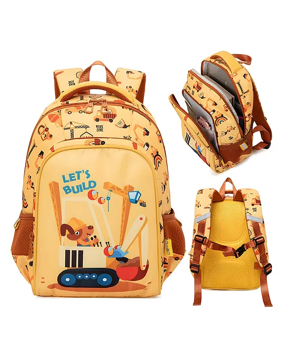 YAMAMA School Bags Construction Printed Yellow Backpack For Kids With Adjustable Straps Feather Weight Multipocket Premium Design Bag For Kids Best For School Picnic Holidays Height 14 Inch Multicolor...