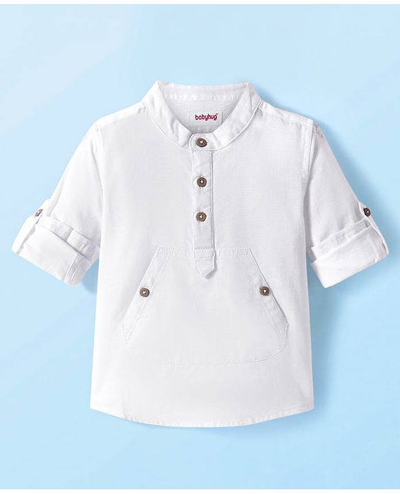 Babyhug Cotton Woven Full Sleeves Mandarin Collar Solid Shirt with Kangaroo Pocket - White