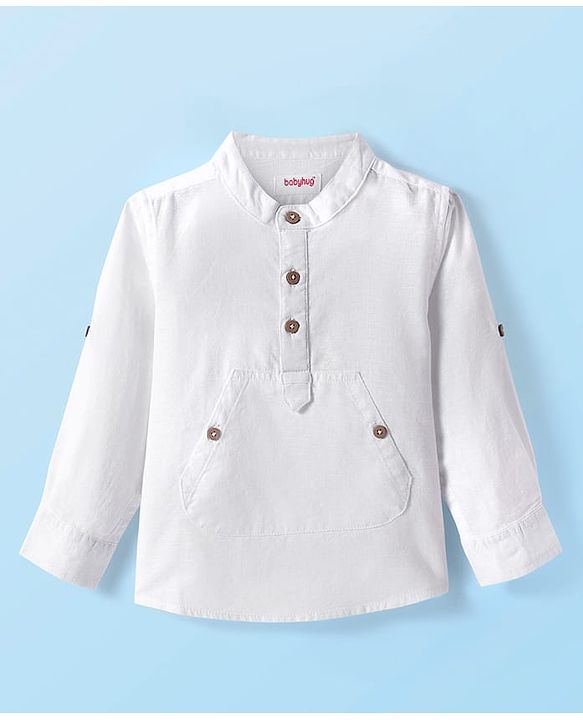 Babyhug Cotton Woven Full Sleeves Mandarin Collar Solid Shirt with Kangaroo Pocket - White