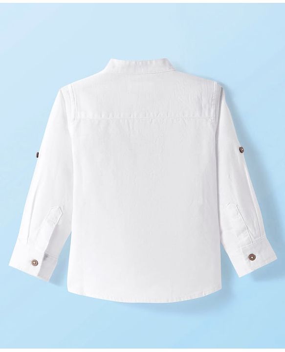 Babyhug Cotton Woven Full Sleeves Mandarin Collar Solid Shirt with Kangaroo Pocket - White