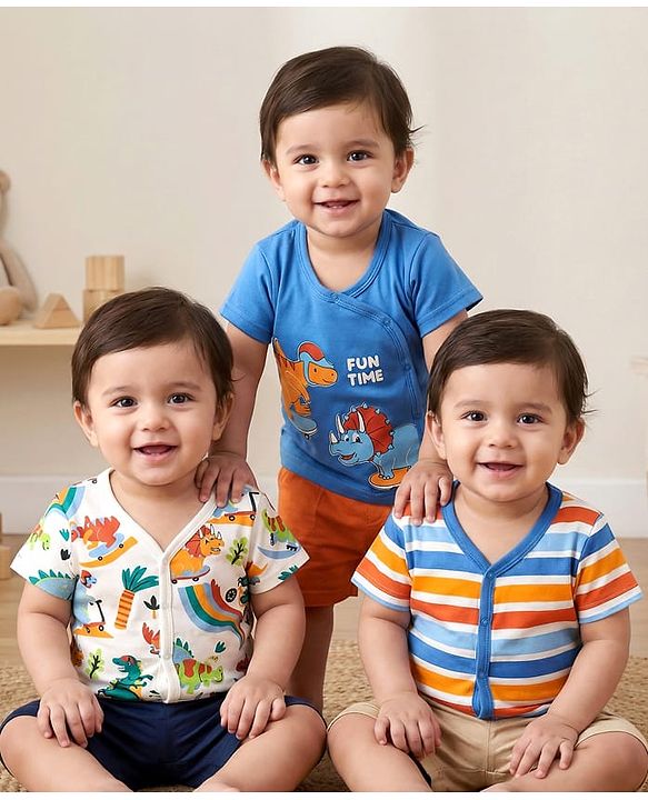 Babyhug Interlock Knit Front Open Half Sleeves Vests With Dino Print Pack Of 3 - Blue & White