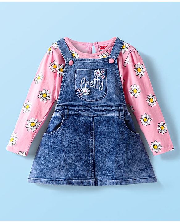 Babyhug Woven Denim Frock & Full Sleeves Inner Tee With Floral Print - Navy Blue & Pink