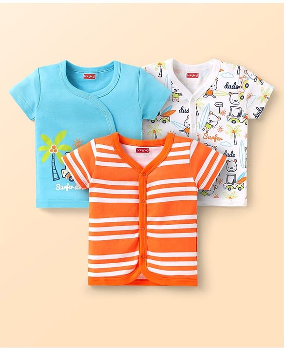 Babyhug Interlock Knit Front Open Half Sleeves Vests With Striped & Beach Theme Print Pack Of 3 - Orange White & Light Blue