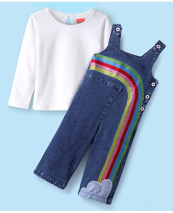 Babyhug Cotton Knit Jumpsuit With Rainbow Embroidery & Full Sleeves T-Shirt - Navy Blue & White