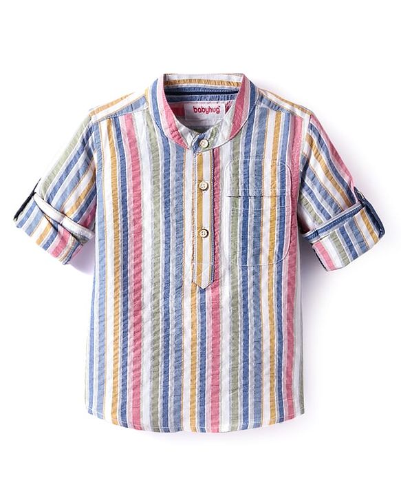 Babyhug Cotton Woven Full Sleeves  Mandarin Collar Shirt with Stripes - White & Pink