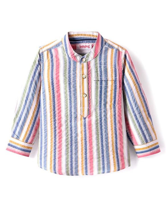 Babyhug Cotton Woven Full Sleeves  Mandarin Collar Shirt with Stripes - White & Pink