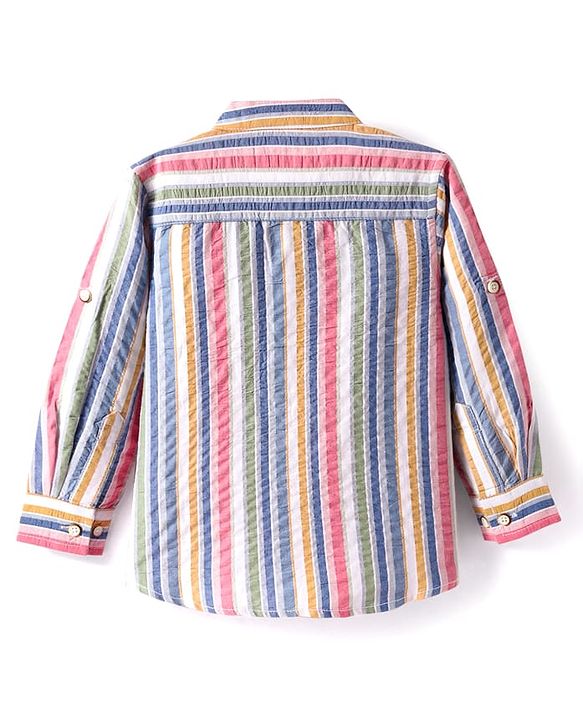 Babyhug Cotton Woven Full Sleeves  Mandarin Collar Shirt with Stripes - White & Pink