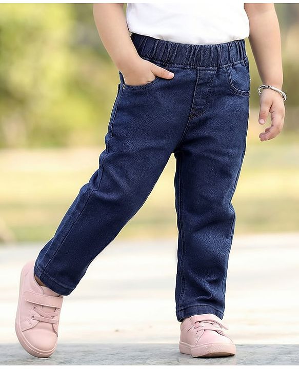 Babyhug Denim Full length washed Jeggings with Stretch - Dark Blue