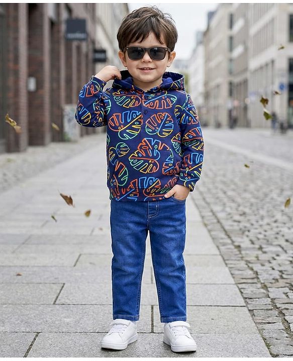 Babyhug Terry Knit Full Sleeves Hooded T-Shirt & Jeans Set with Leaves Print - Blue