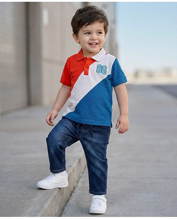 Babyhug Single Jersey Knit Half Sleeves Cut & Sew Polo T-Shirt & Jeans Set with Number Embroidery - Blue