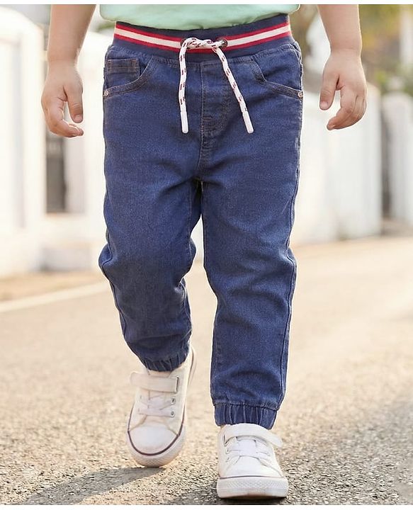 Babyhug Denim Knit & Ribbed at Waist Full Length Washed Joggers-  Navy Blue