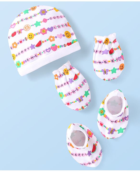 Babyhug Interlock Knit Cap Mittens & Booties Set with Text Print White - Diameter 10 cm