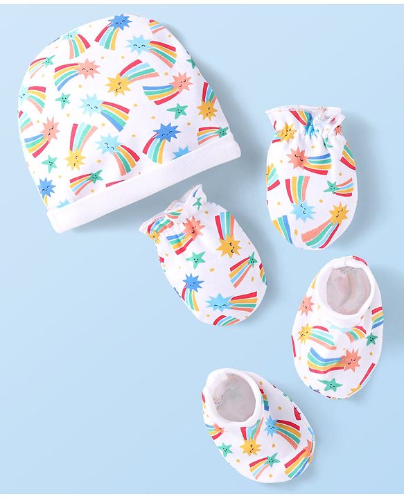 Babyhug Interlock Knit Cap Mittens & Booties Set with Stars Print White - Diameter 12 cm