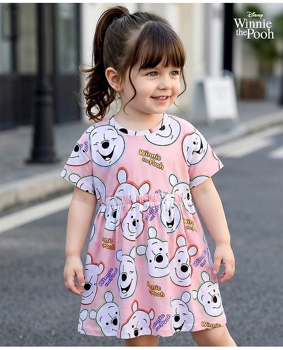 Babyhug Disney Cotton Knit Half Sleeves Winnie The Pooh Printed Frock - Pink