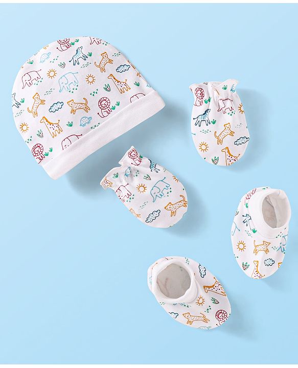 Babyhug Interlock Knit Cap Mittens And Booties Set with Jungle Theme Print - White