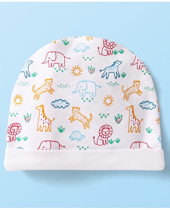 Babyhug Interlock Knit Cap Mittens And Booties Set with Jungle Theme Print - White