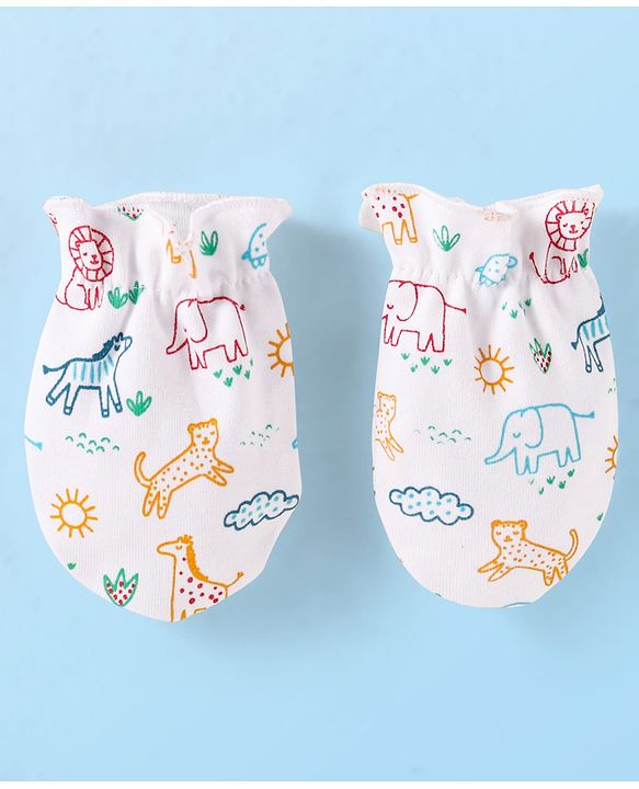Babyhug Interlock Knit Cap Mittens And Booties Set with Jungle Theme Print - White