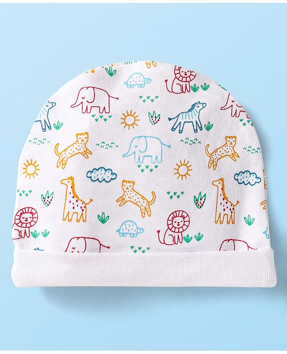 Babyhug Interlock Knit Cap Mittens And Booties Set with Jungle Theme Print - White