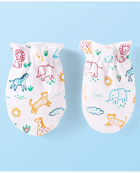 Babyhug Interlock Knit Cap Mittens And Booties Set with Jungle Theme Print - White